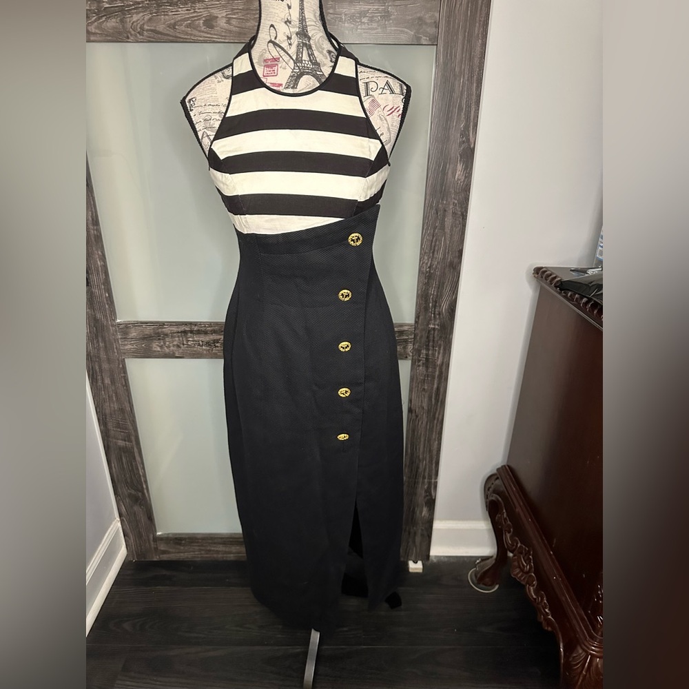 Women's Black Midi Dress with Striped Bodice